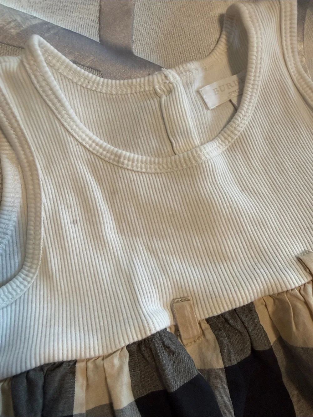 Burberry White Ribbed Bodice Plaid Skirt Dress with Classic Check